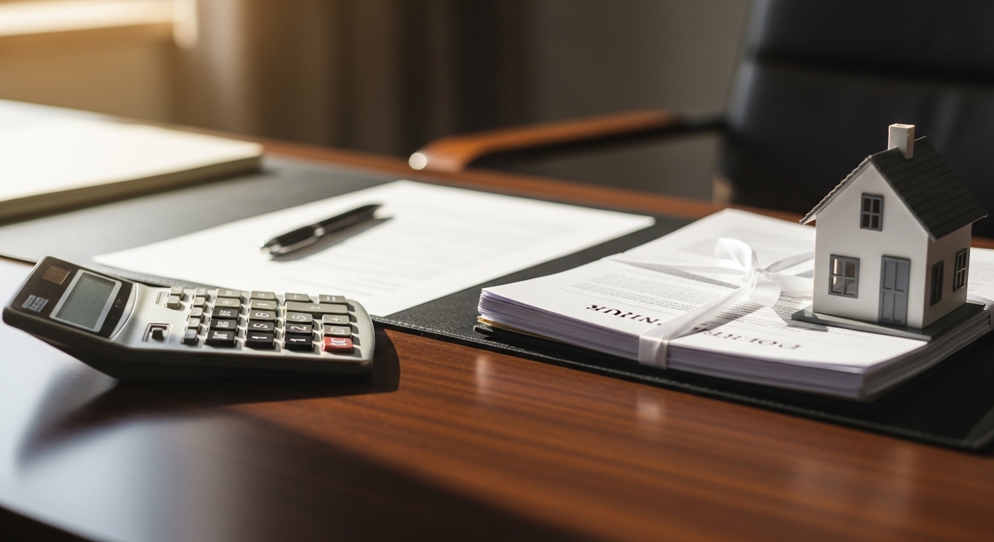Spanish property purchase documents with calculator showing tax calculations and euro banknotes