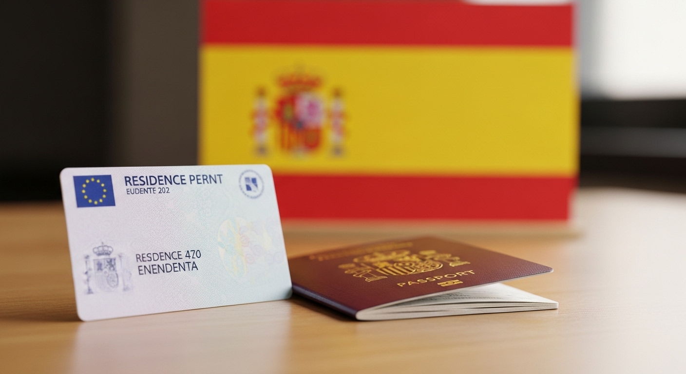 Spanish residence permit TIE card on a table with passport and keys to a new home in Spain