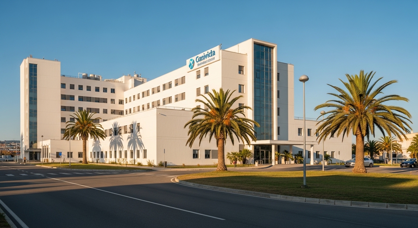 Modern hospital building in Spain with palm trees and Mediterranean architecture