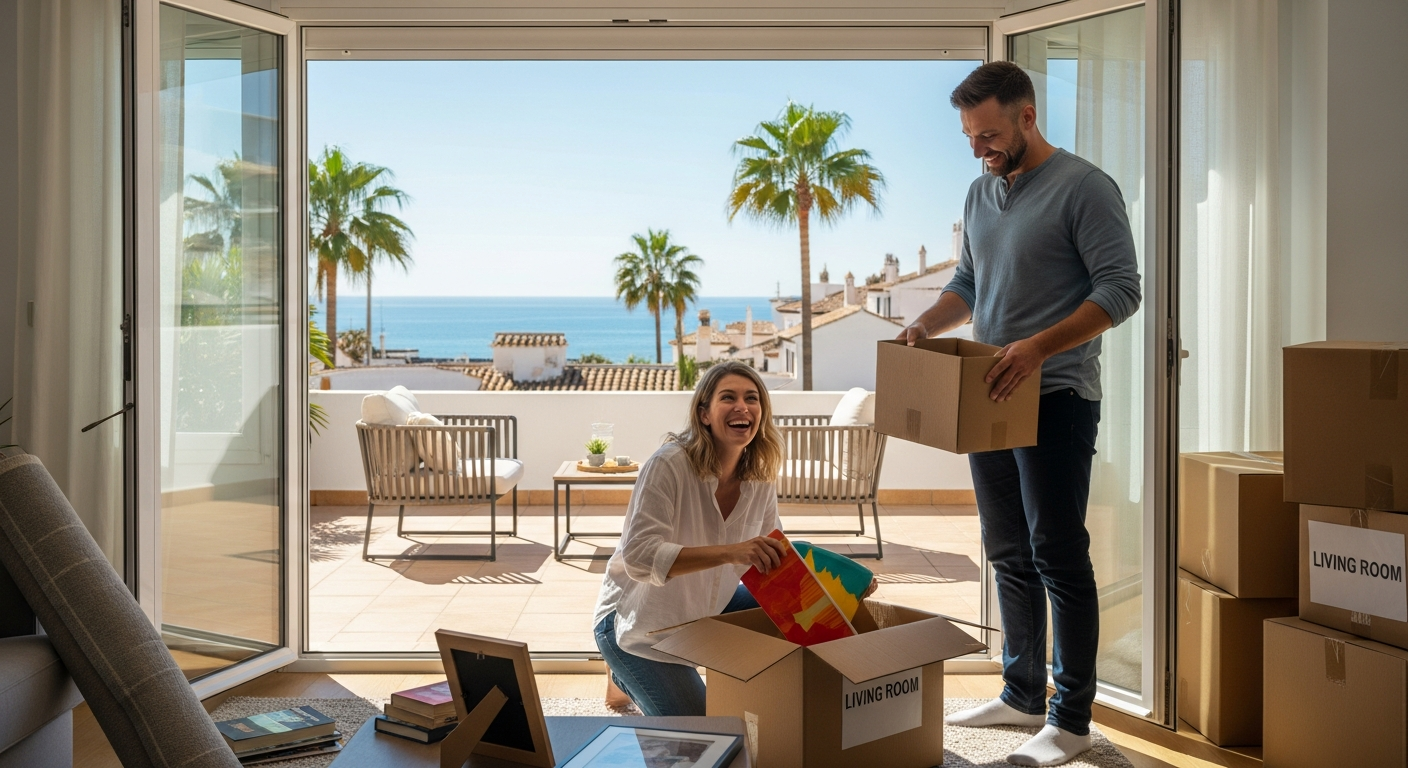 Swedish family on a terrace in southern Spain overlooking the Mediterranean — starting a new life in Spain