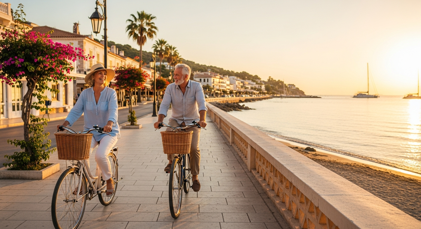Retired couple enjoying coffee on a sunny terrace overlooking the Mediterranean coast in Spain
