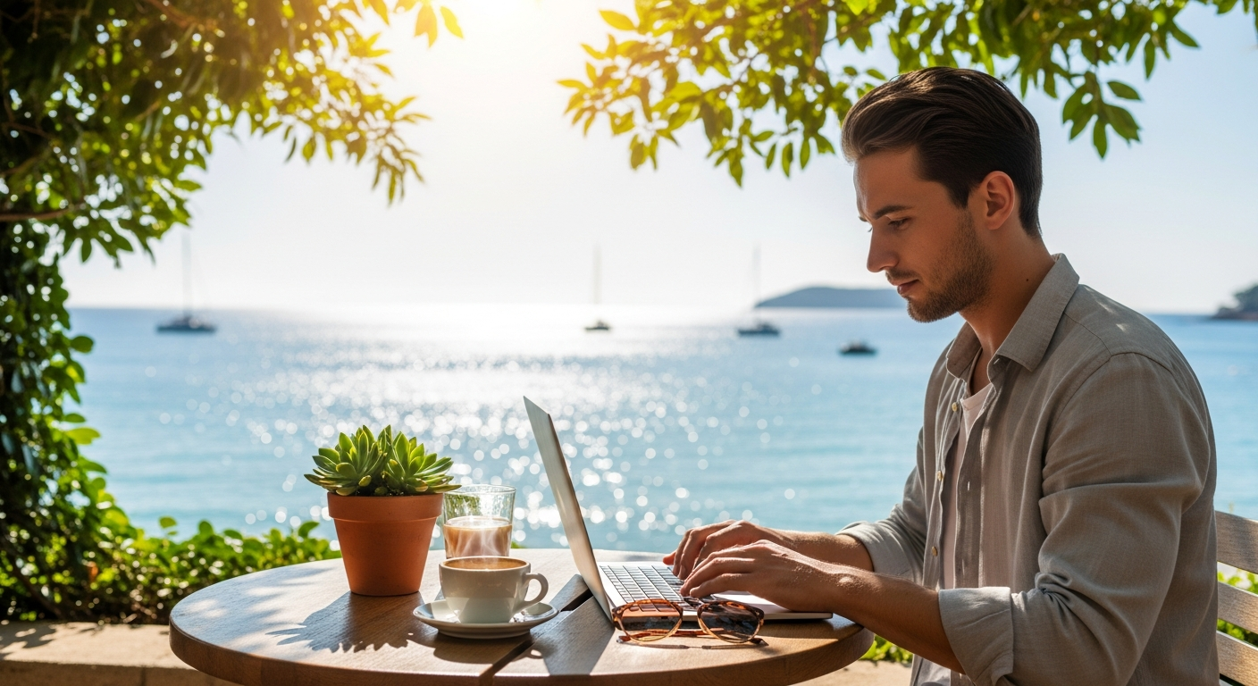 Digital nomad working on a laptop at a sunny outdoor café terrace in Valencia, Spain