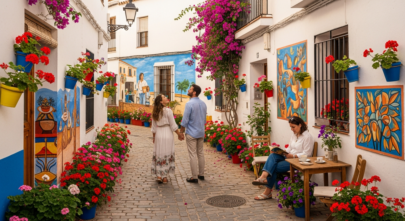 Colourful mural-lined streets of Estepona old town with flowering plants
