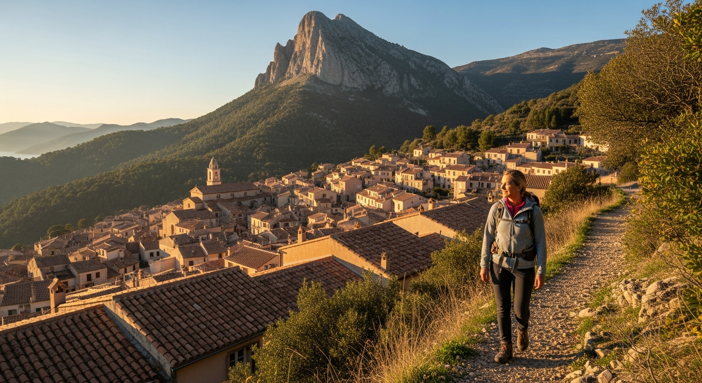 View of Finestrat old village with Puig Campana mountain in the background and Mediterranean coast in the distance