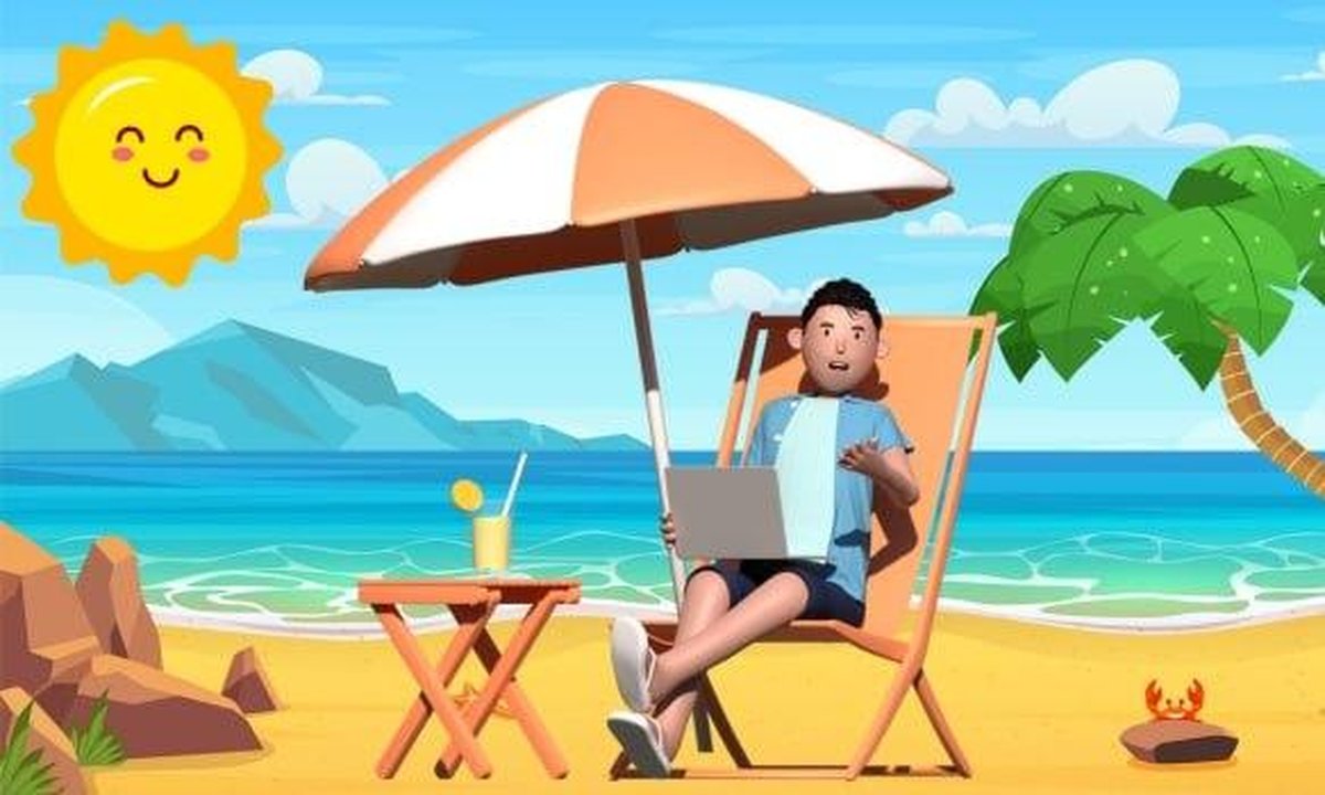 Remote worker with laptop and passport at seaside café, planning visa travel