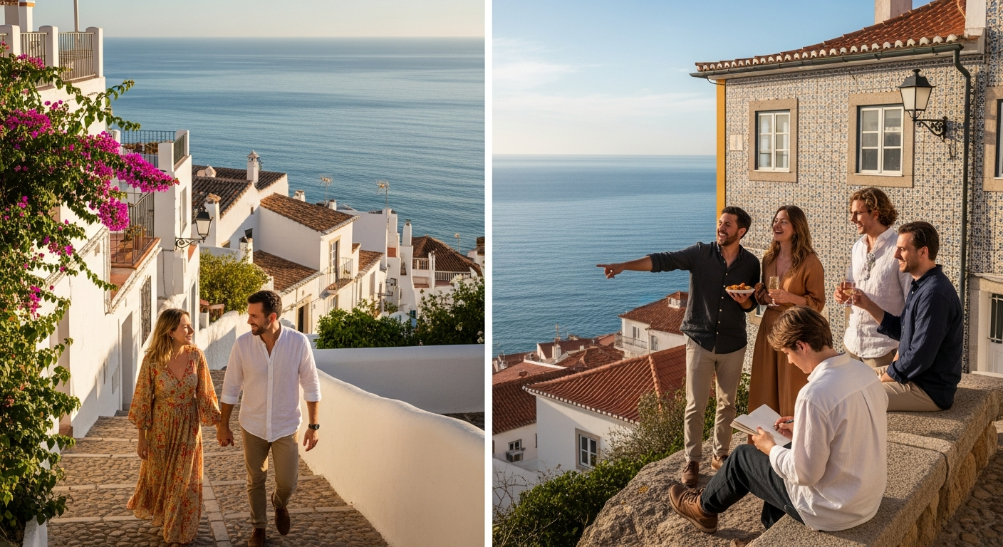 Split view of a Spanish whitewashed village on the left and a Portuguese tiled building on the right with the sea in the background