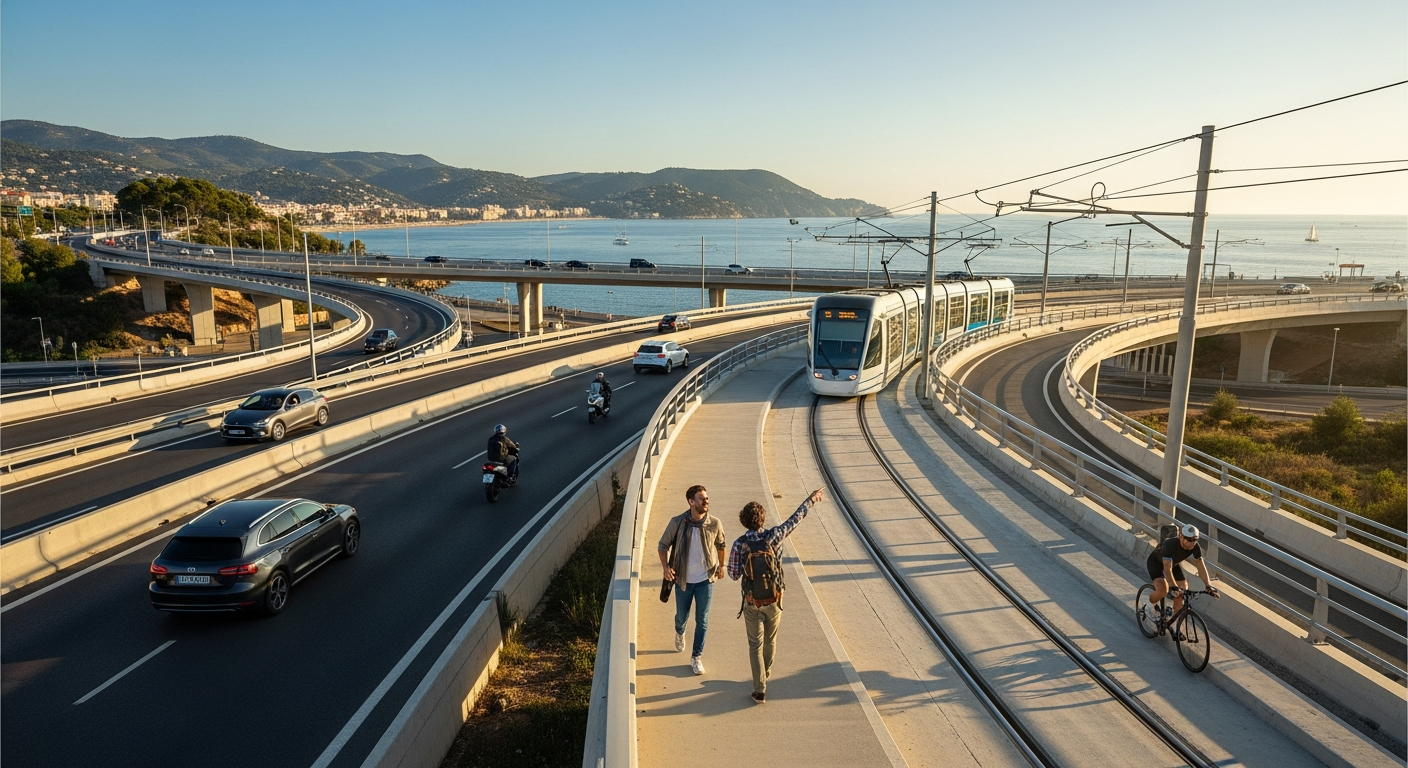 Modern Spanish highway infrastructure with Mediterranean coastline and construction cranes in the background representing ongoing infrastructure development