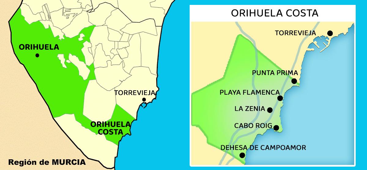 Map of Orihuela Costa — location between Torrevieja and San Pedro