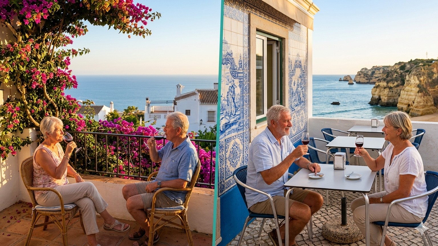Split image of a retired couple on a sunny terrace in southern Spain on the left and the Algarve coast of Portugal on the right