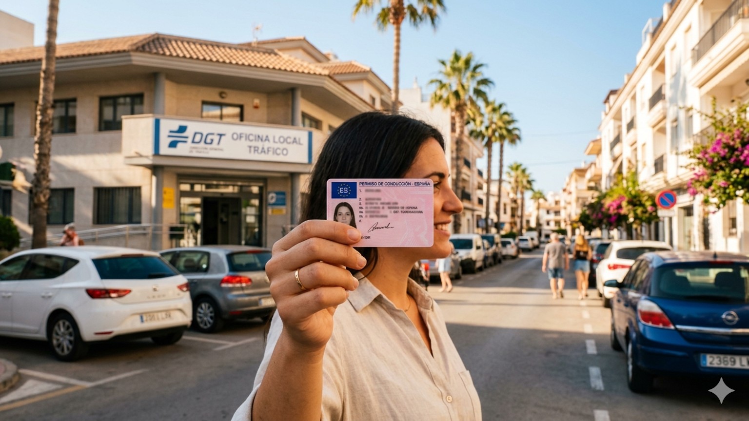 Foreign driving license and Spanish DGT card on a desk with car keys — exchanging a driving license in Spain