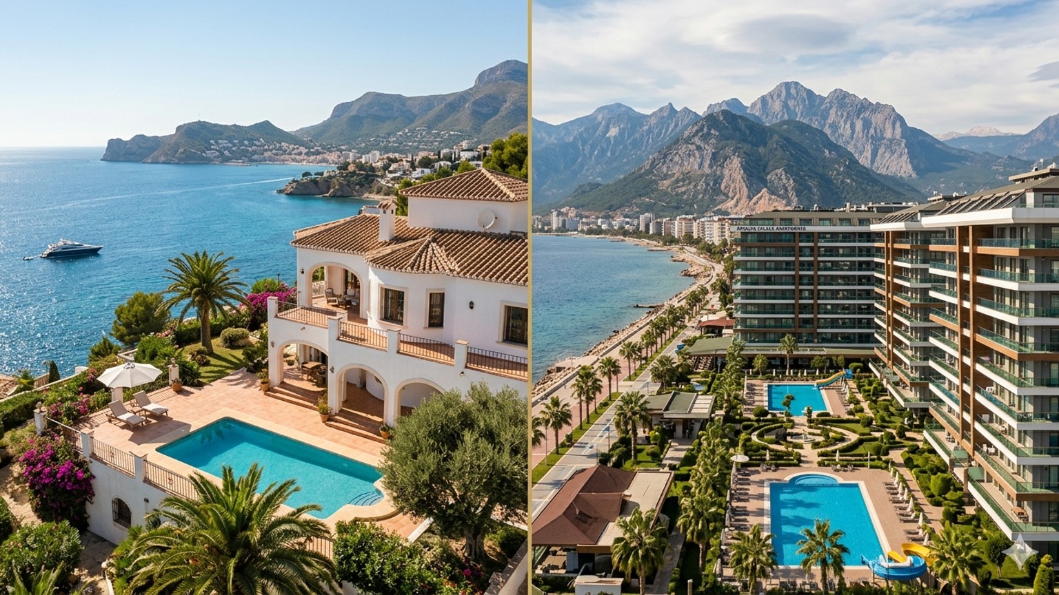 Split image comparing a whitewashed Spanish villa on the Mediterranean coast with a Turkish apartment complex in Antalya