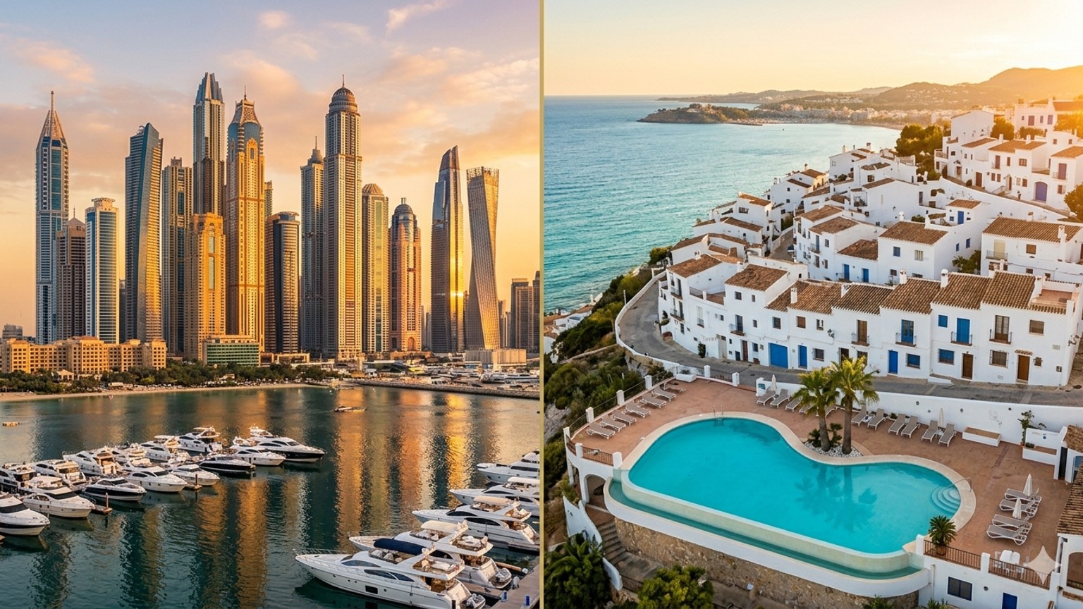 Split image showing a Mediterranean white villa with sea view in Spain on the left and a modern glass skyscraper apartment in Dubai Marina on the right