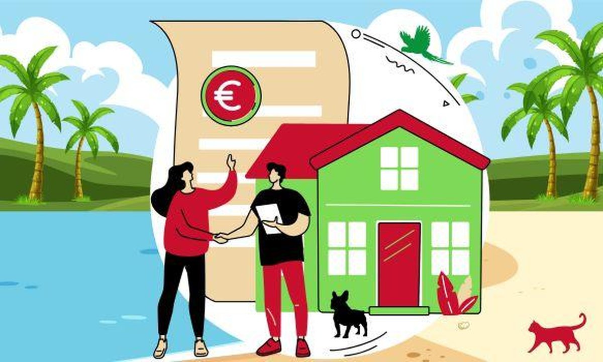 Couple signing Spanish mortgage documents with house model and calculator