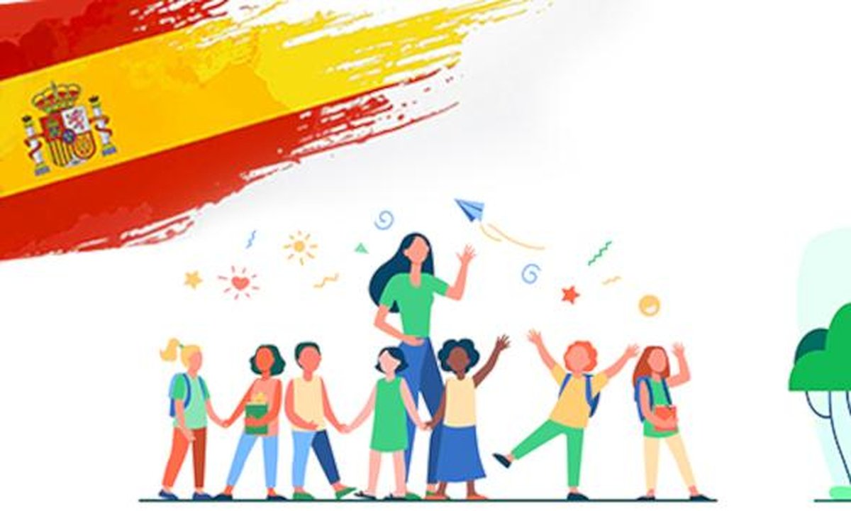 Multicultural children with backpacks outside Spanish primary school, expat family guide