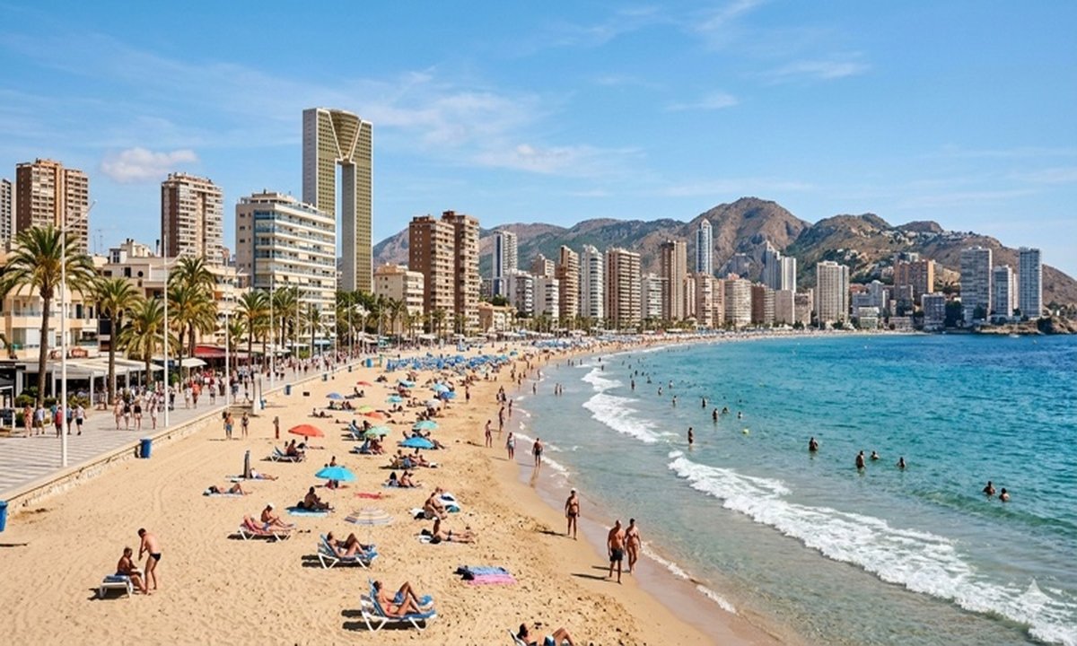 Benidorm beachfront under sun and scattered clouds showing seasonal weather