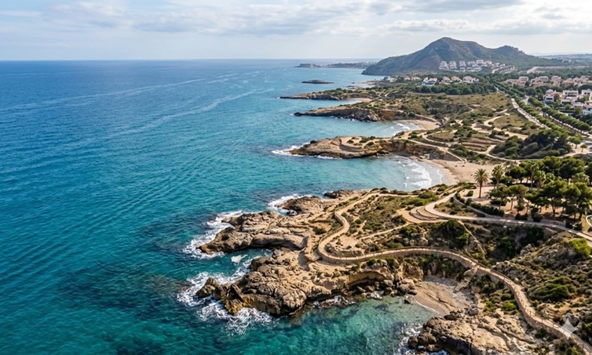 Beachfront skyline in Orihuela Costa with monthly weather icons