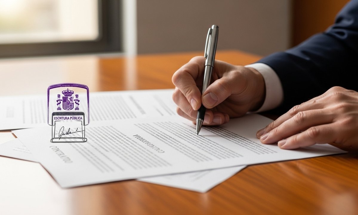 Signing a property purchase contract at a Spanish notary office