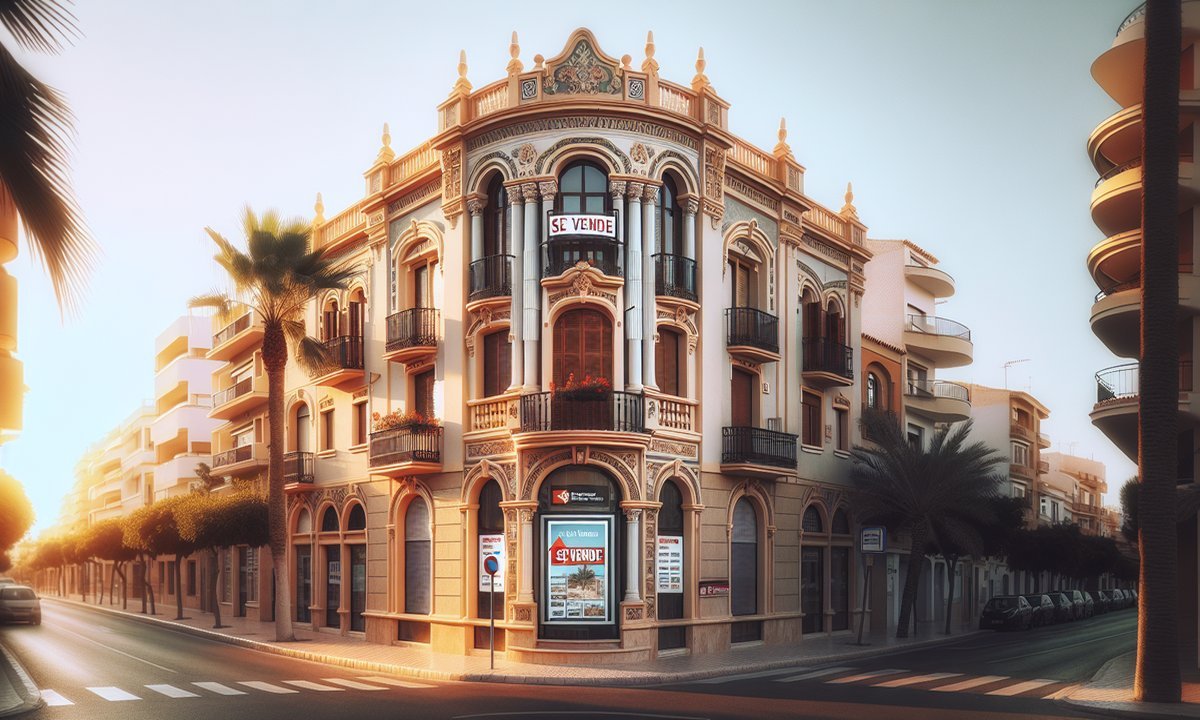 Spanish bank building facade with Se Vende signs on a Torrevieja street