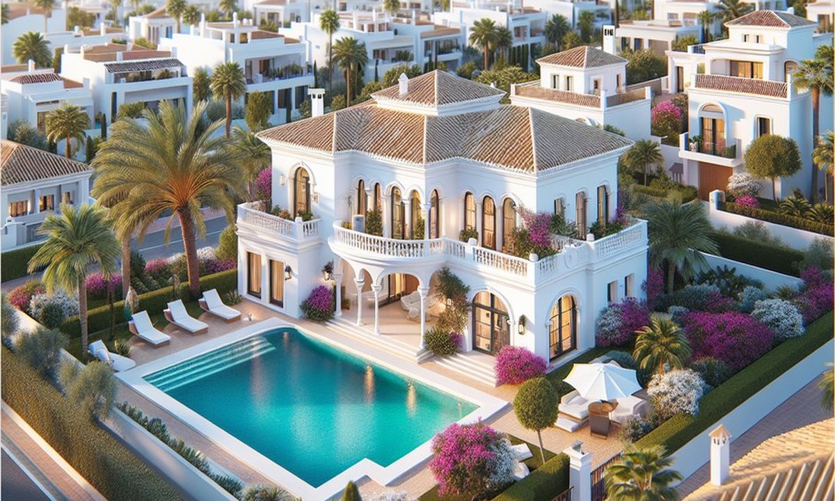 White luxury villa with swimming pool in Torrevieja Mediterranean garden palm trees