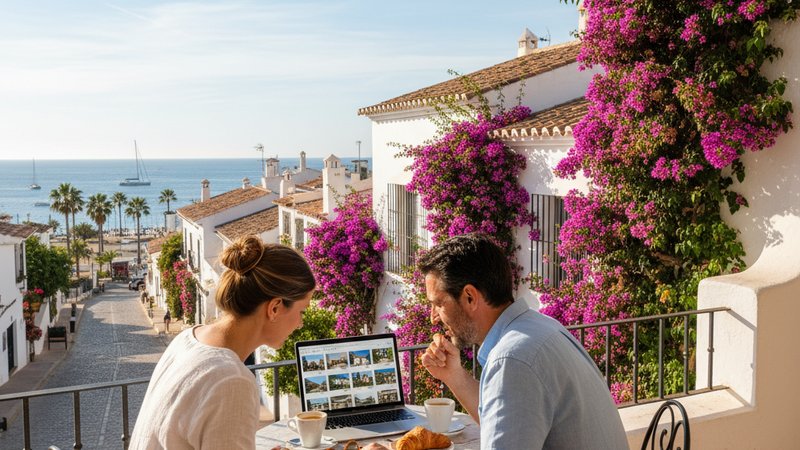 Couple searching property on Idealista Spain at a Mediterranean café terrace