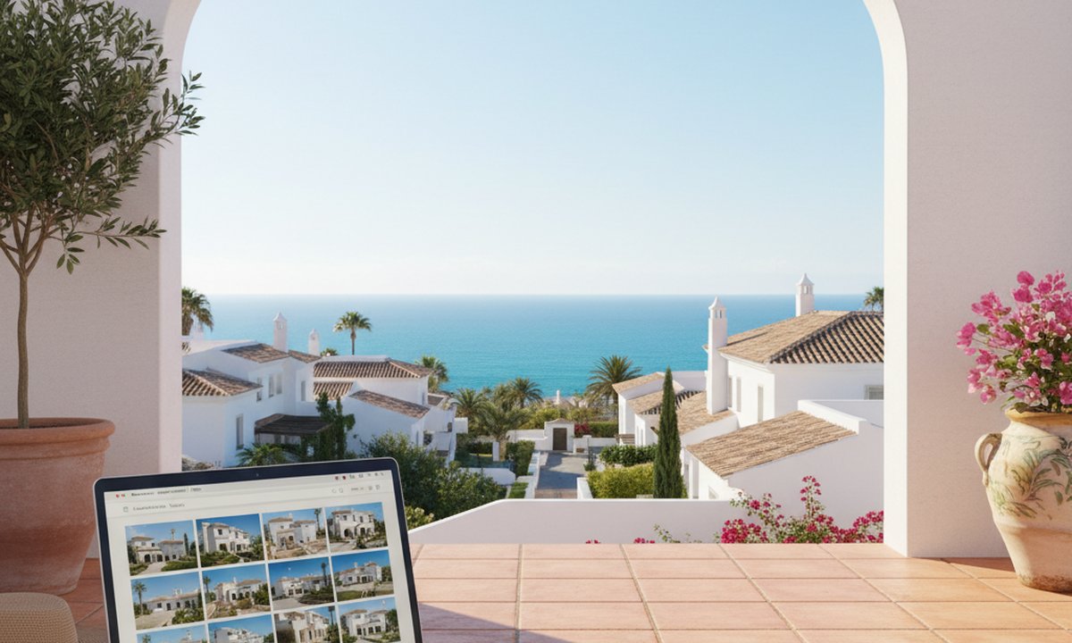 Idealista Spain property search on laptop with Costa Blanca sea view