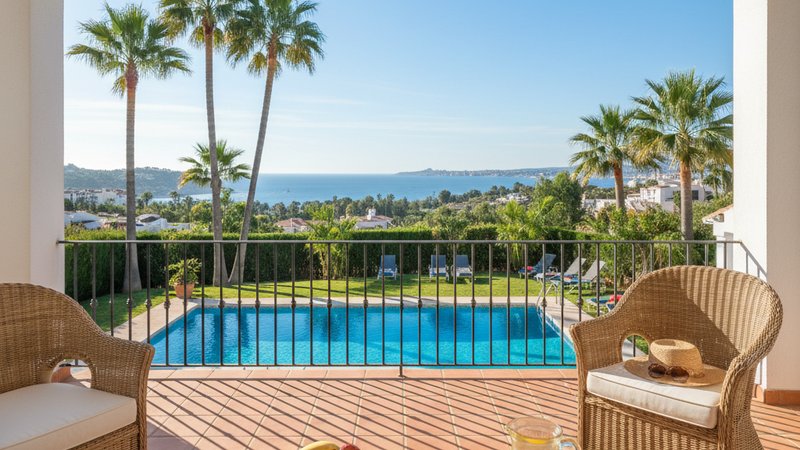 Comfortable apartment terrace on Costa Blanca with pool and sea view — affordable living