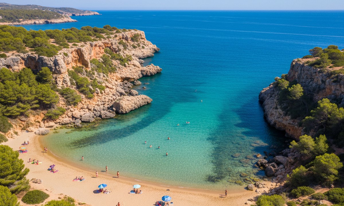 Orihuela Costa beaches — turquoise cove with golden sand and rocky cliffs