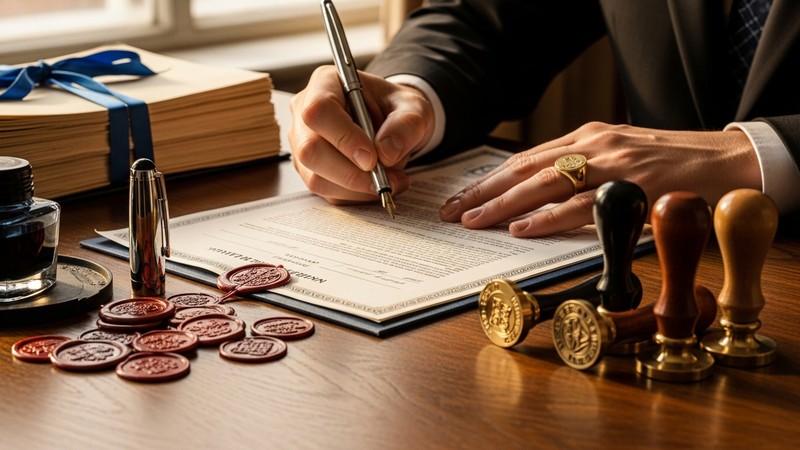 Signing property purchase documents at a notary office in Spain