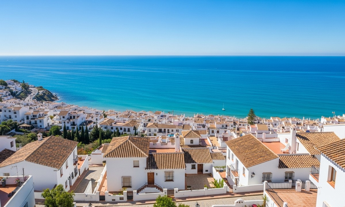Mediterranean coastal town with white buildings and sea view on Costa Blanca Spain