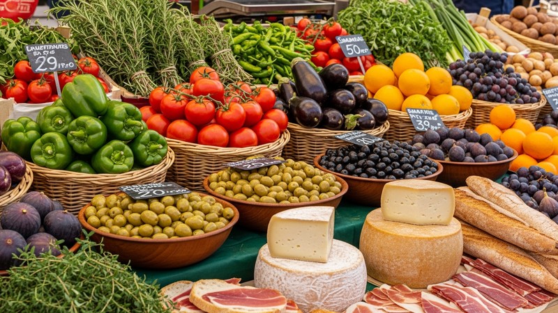 Fresh fish, vegetables and olives at a traditional Spanish Mediterranean market