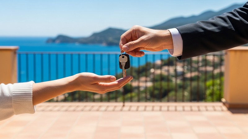 Property keys being handed over with Mediterranean sea view terrace — completing a real estate purchase in Spain