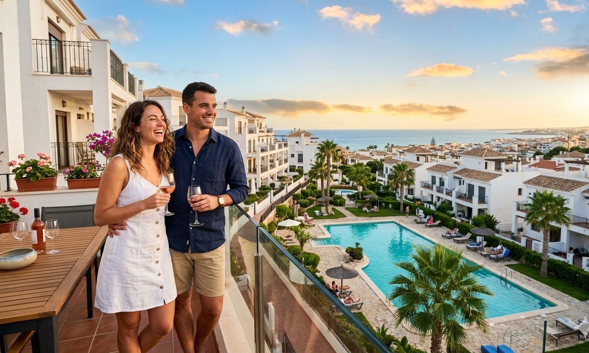 Complejo residencial con piscina en Guardamar del Segura con fondo de pinar