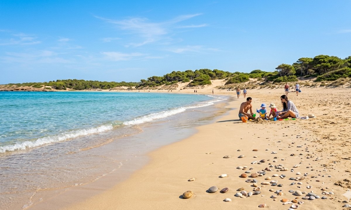 Wide sandy beach in Guardamar del Segura with dunes and pine forest