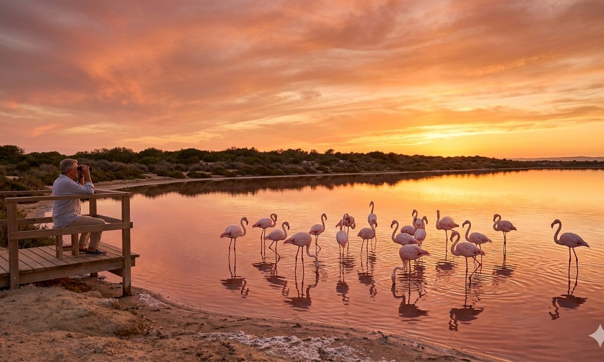 Pink flamingos on La Mata salt lake at sunset