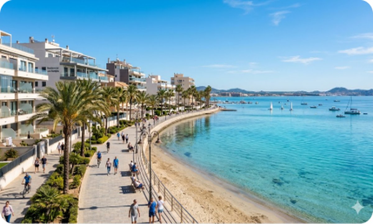 Panoramautsikt over Los Alcázares' strandpromenade langs Mar Menors lagune