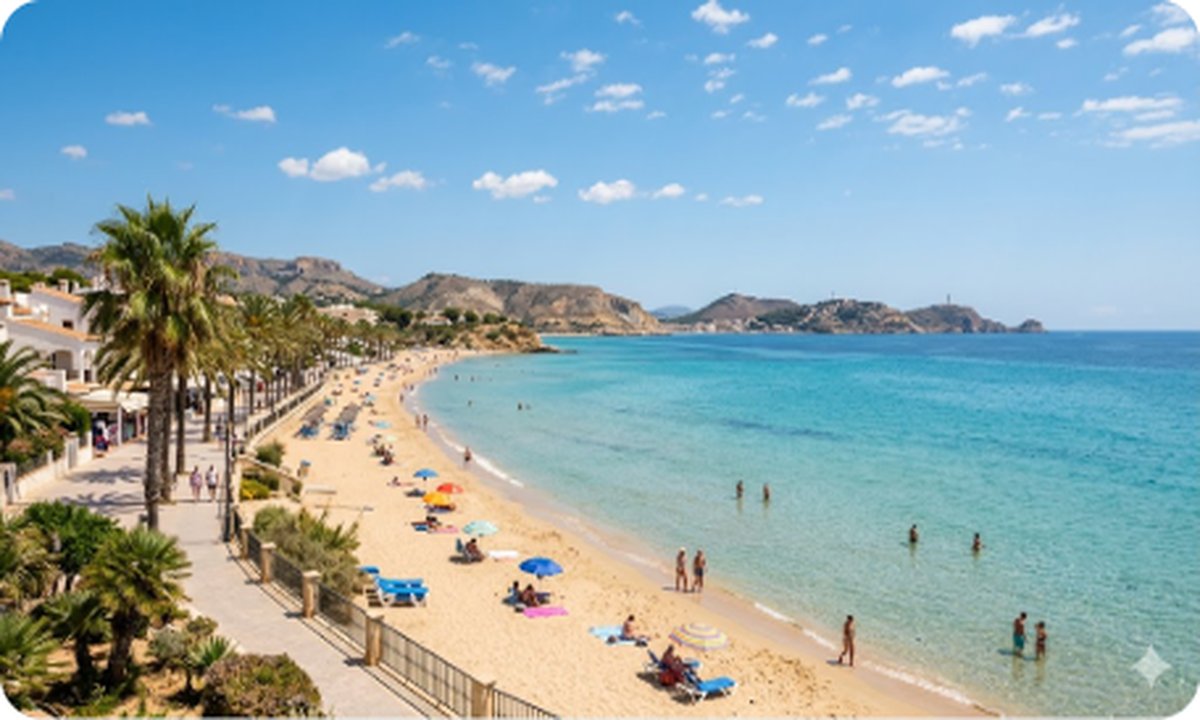 Calm beach of Los Alcázares on the shore of the Mar Menor lagoon with clear water