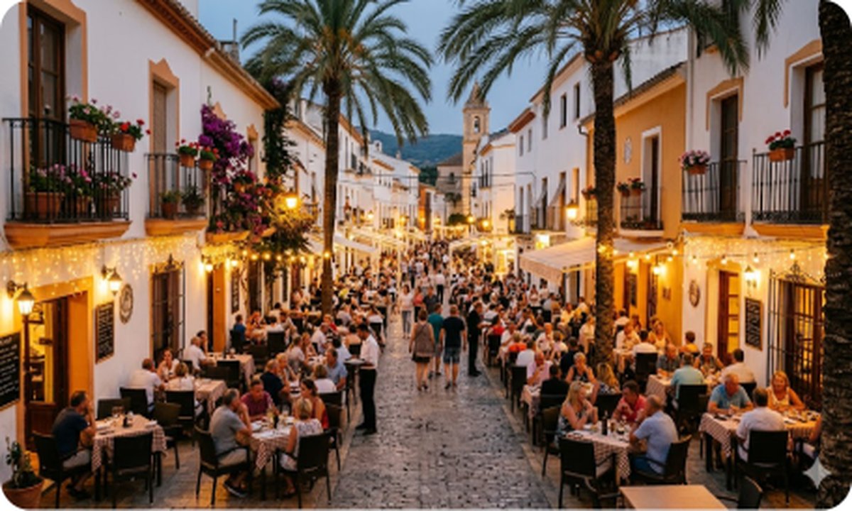 Los Alcázares seafront promenade with restaurants and residents walking