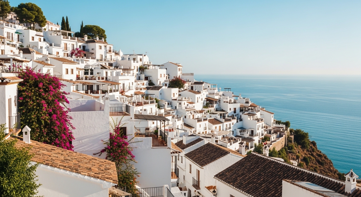 Vue panoramique de la cote de la Costa del Sol avec des villages blancs et la mer Mediterranee