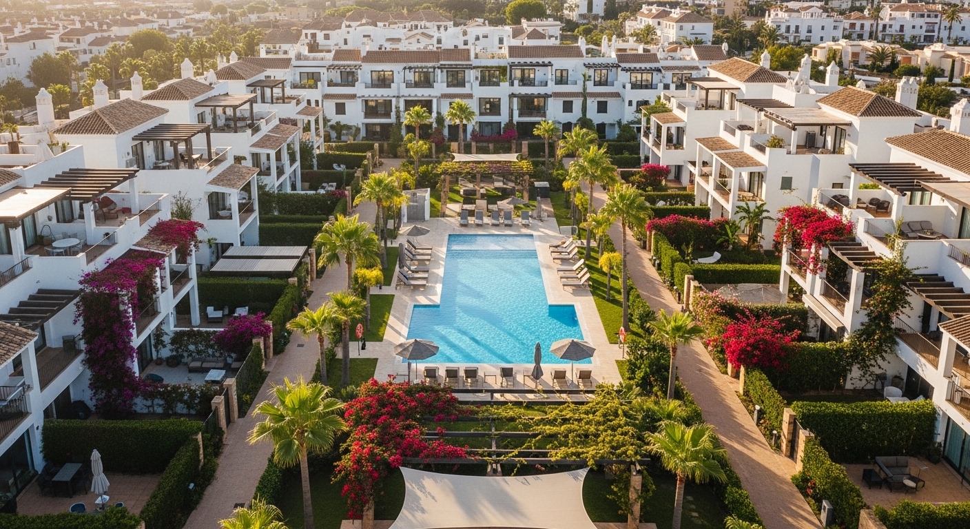 Swimming pool and white townhouses in Orihuela Costa urbanisation Spain