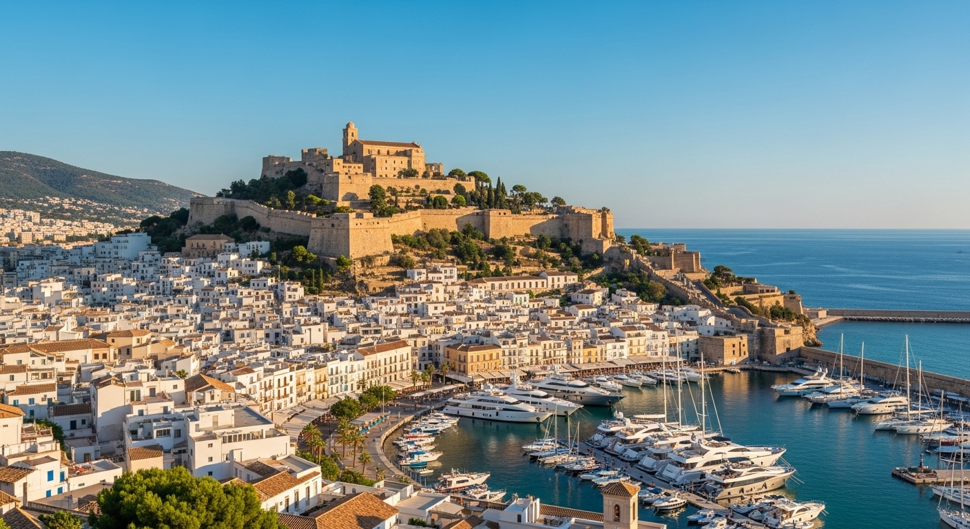 Alicante harbour with colourful buildings and Santa Barbara castle in background